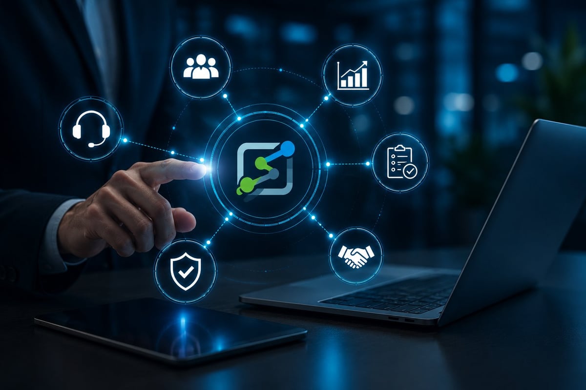 Hand pointing at digital interface with interconnected business icons including people, growth chart, security, handshake, and clipboard symbols on blue technology background