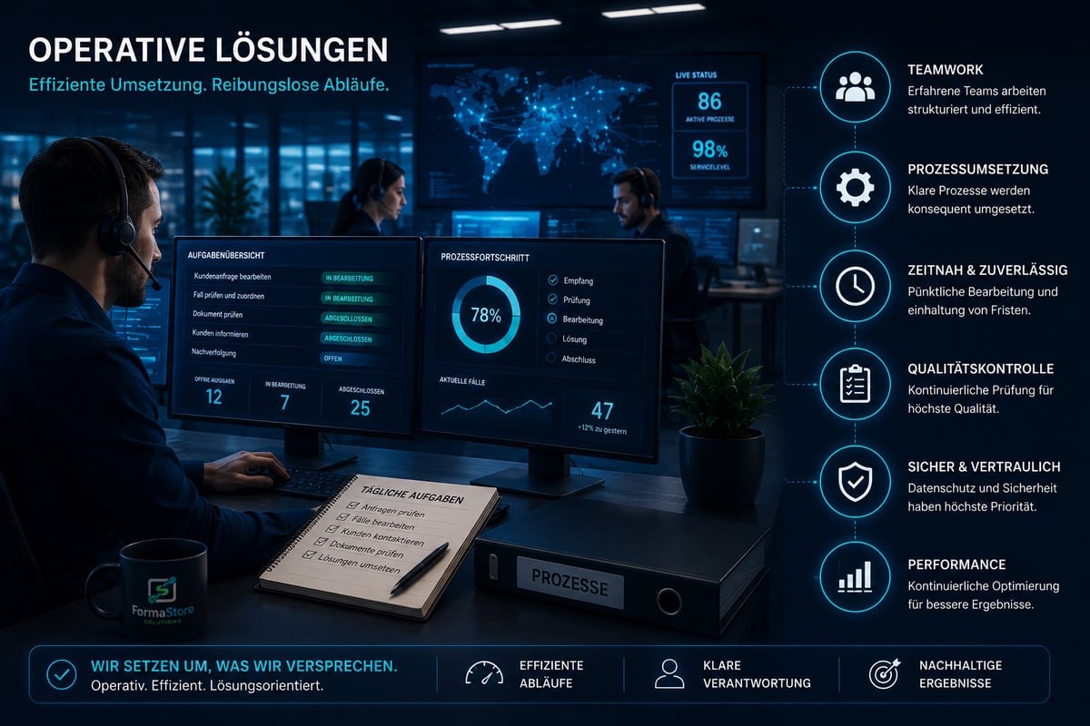 Operatives Kontrollzentrum mit digitalen Dashboards, Aufgabenübersicht und Prozessfortschritt