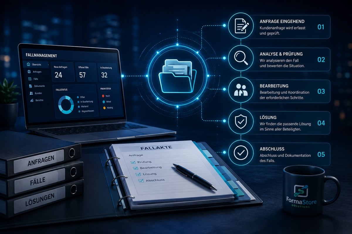 Digitaler Arbeitsplatz mit Fallmanagement-Dashboard, Fallakte und strukturiertem Bearbeitungsprozess
