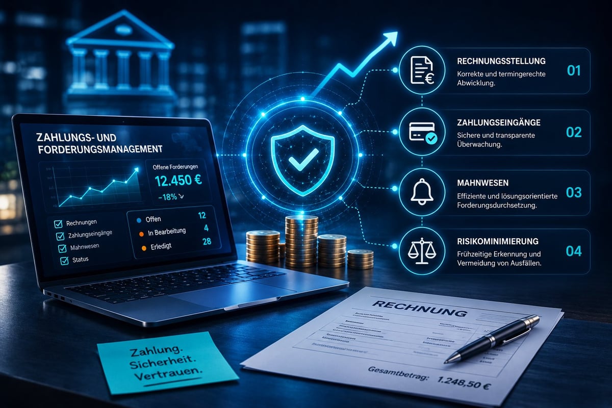 Digitales Finanz- und Forderungsmanagement mit Dashboard, Sicherheits-Symbol und Rechnungsprozess